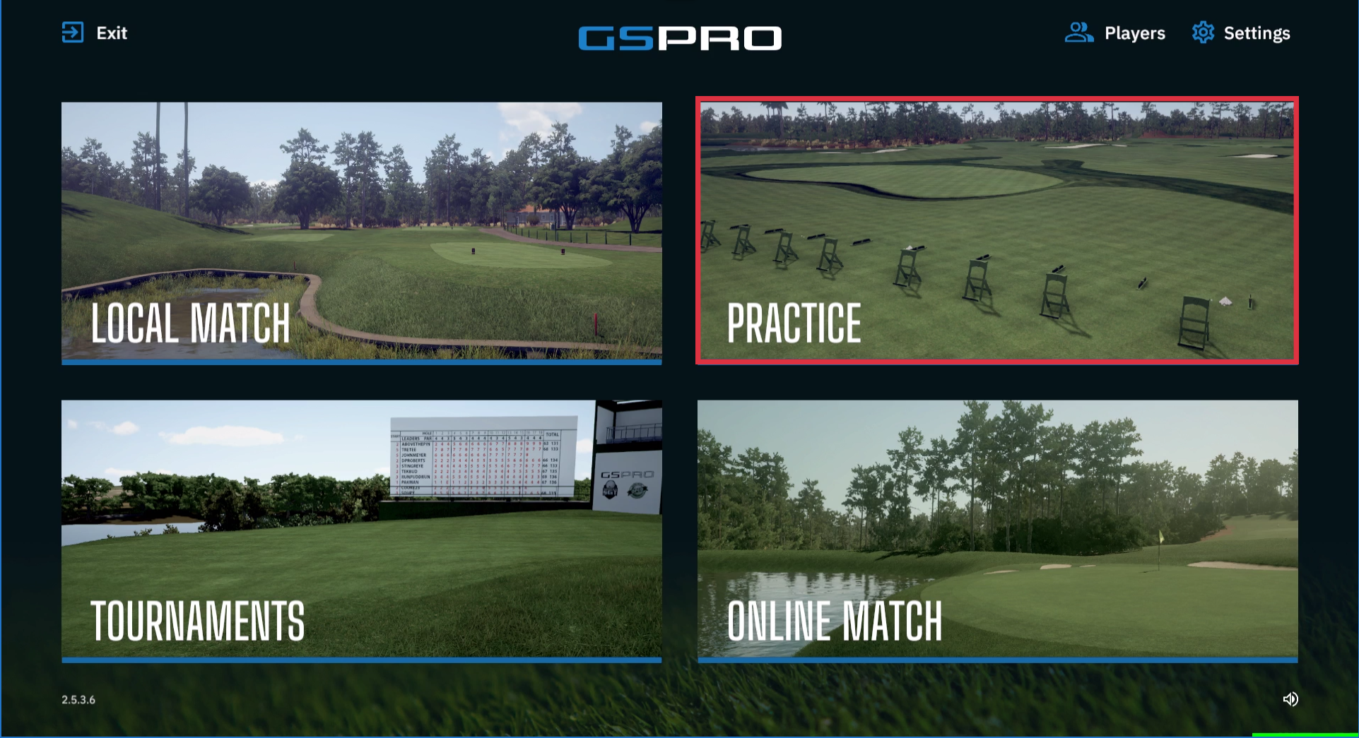 Uneekor GSPro software main menu practice selection Uneekor GSPro software main menu practice selection