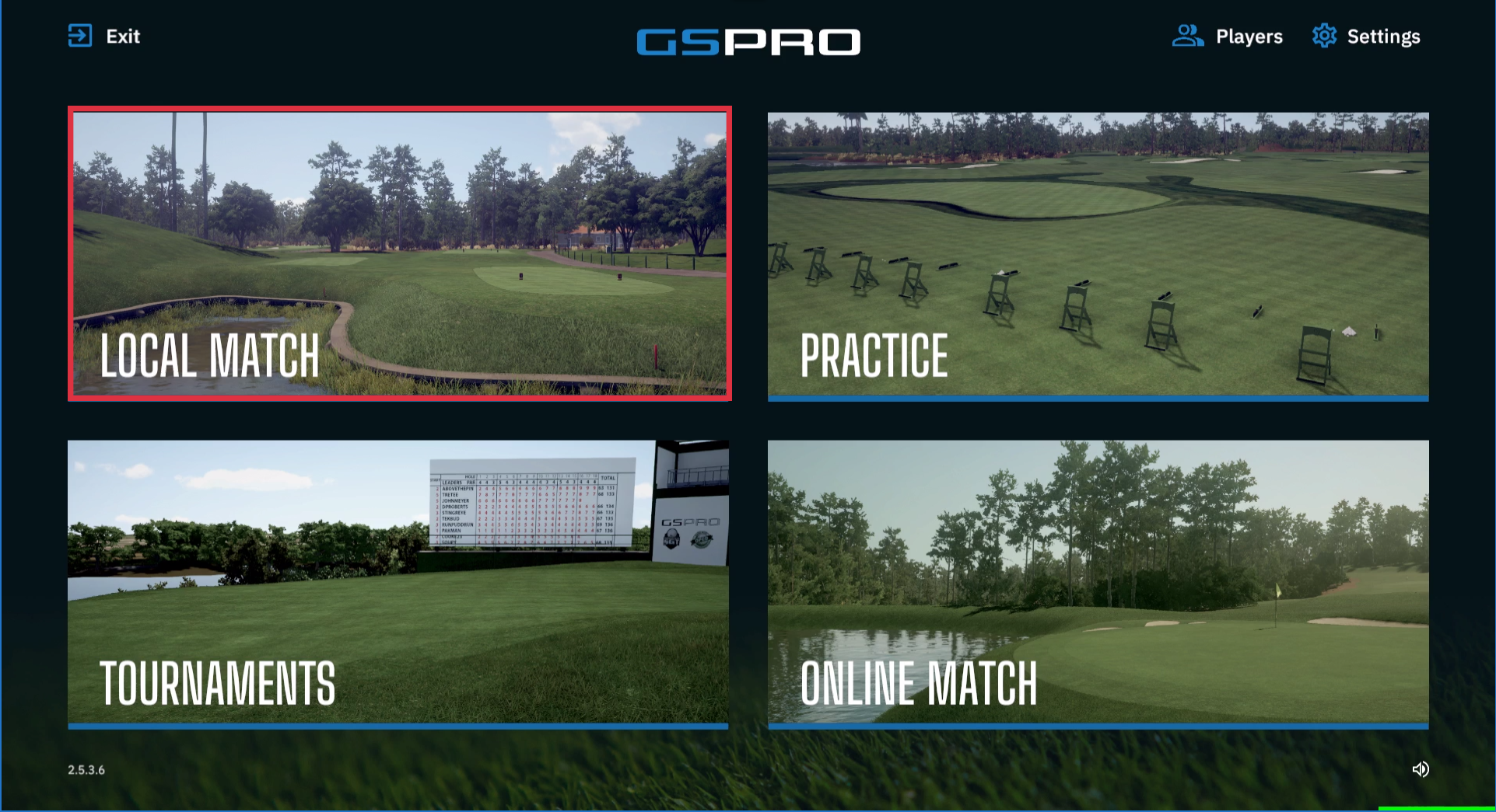 Uneekor GSPro software main menu local match selection Uneekor GSPro software main menu local match selection